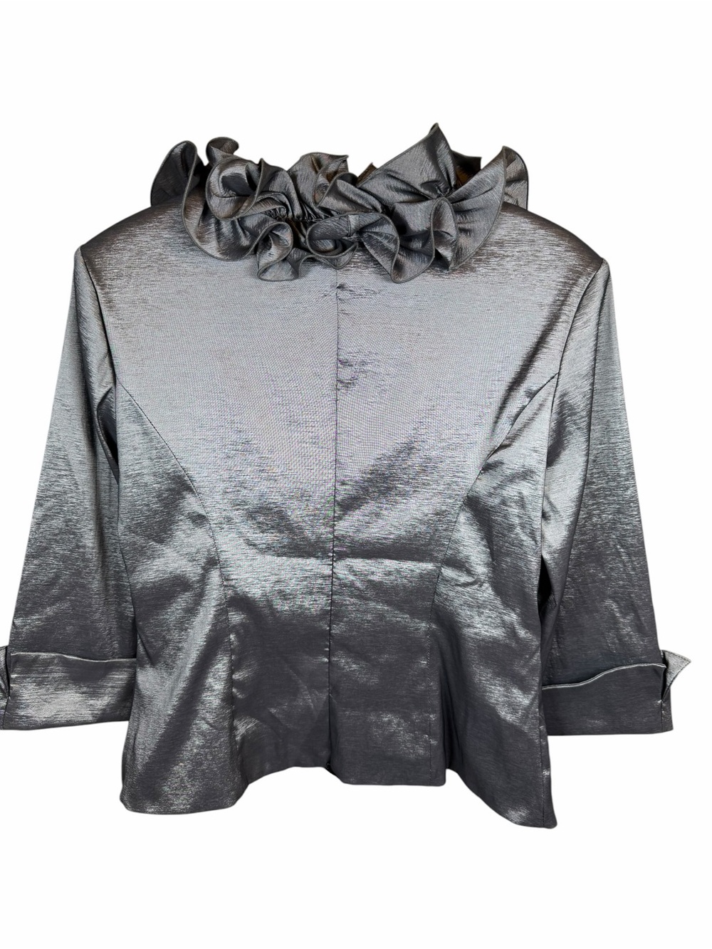 Xscape Shiny Silver Ruffle Evening Formal Neck Blouse Size 12 Elegant Ruffle Top - Picture 3 of 9
